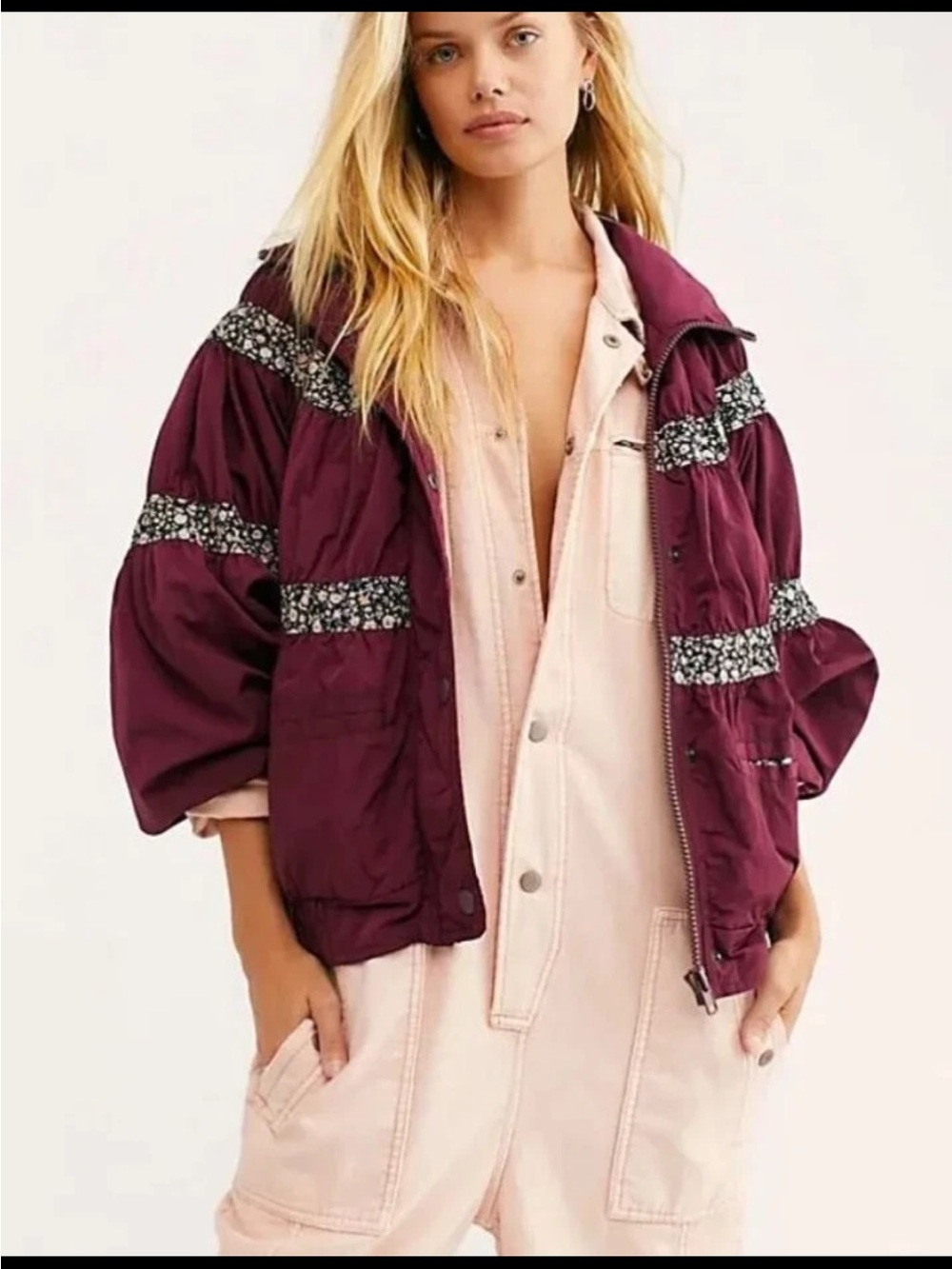 We The Free Burgundy Bomber Jacket with Floral Trim